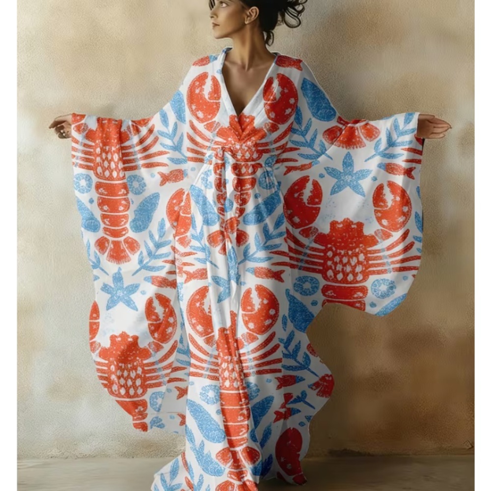 New !Lobster Kimono With Blue & Red Lobster Print